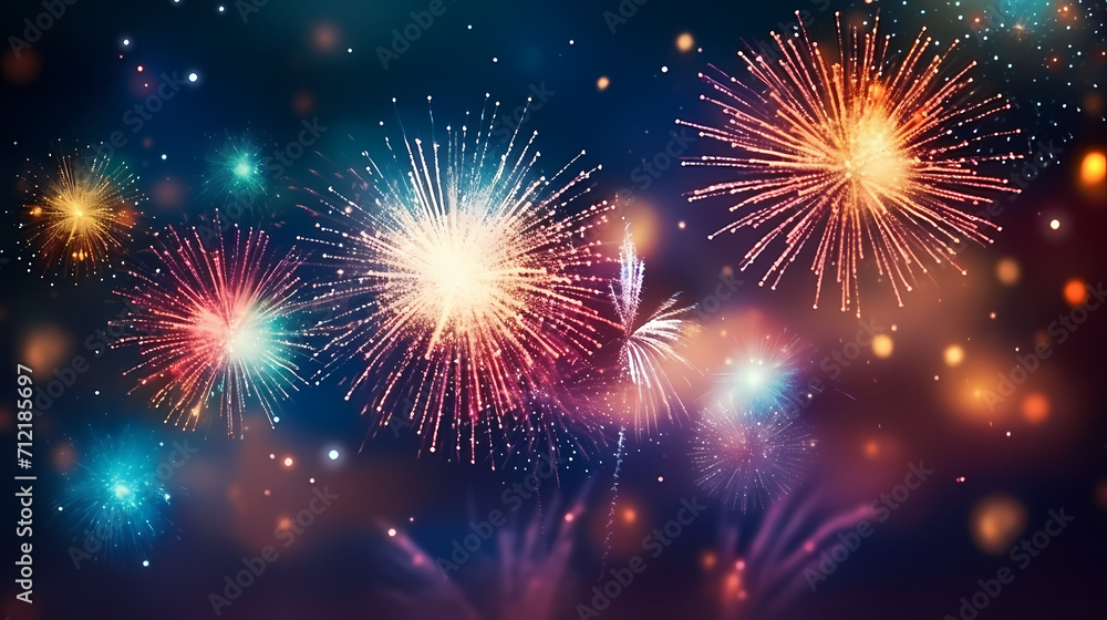 Naklejka premium Beautiful fireworks background at night for holiday decoration