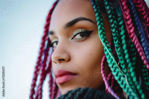 Portrait of a woman with colored braids extensions in 3 different colors on a young Latin woman.