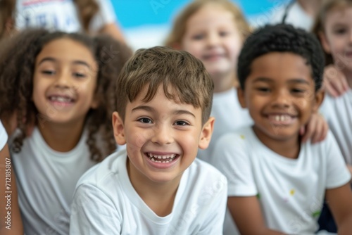 classroom scene with smiling children in white t-shirts, happy, diverse