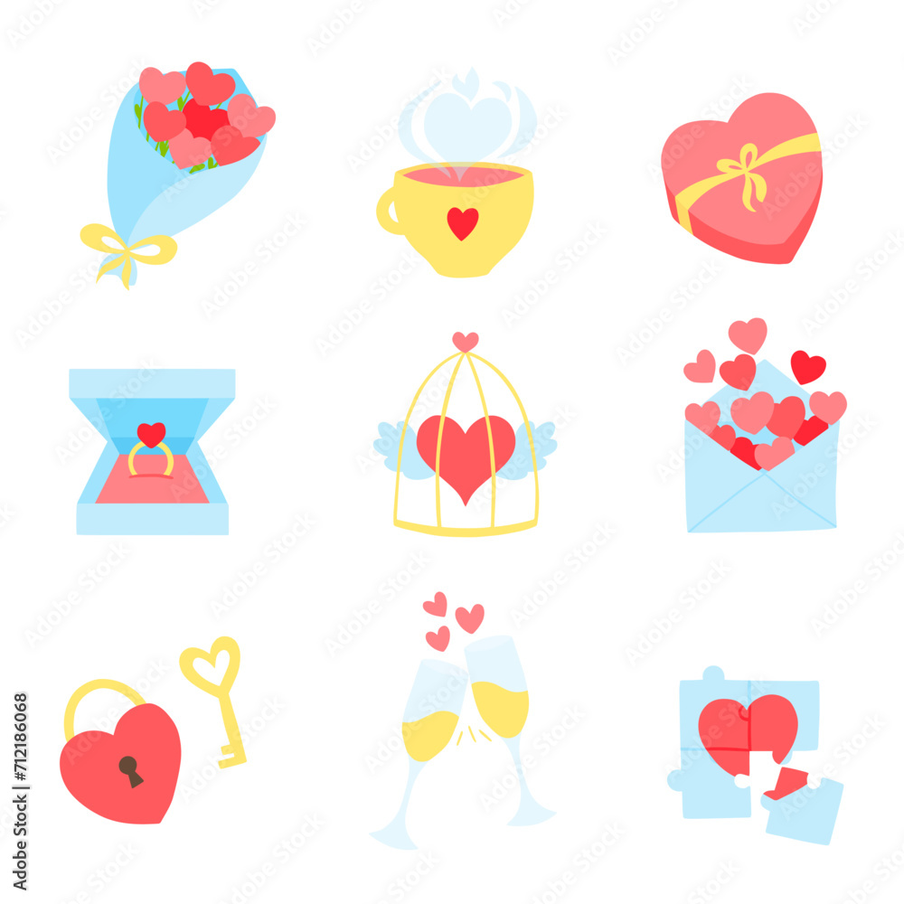 Set of cute vector illustration for St Valentines Day. Flowers bouquet, cup with heart, heart shape box of chocolates, engagement ring, flying hearts in golden cage, love envelope, letter. February 14