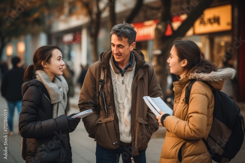 tourists communicate with locals on the street in the city of Beijing, ai generated