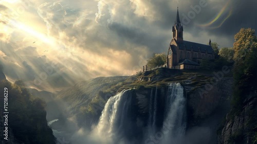 waterfall view near a old chruch with dark cloudy sky christianity animated video photo