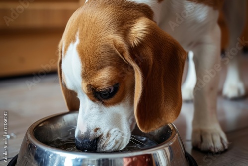 A pet beagle dog in the kitchen drinking water from a chrome metal bowl