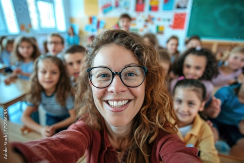 Portrait of smiling teacher in a class at elementary school making selfie with learning students on background 