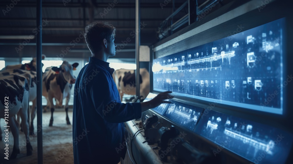 Cow farm worker checks milk quality indicators and the condition of cows on the farm. Milk quality control Cow farm worker checks milk quality indicators and the condition of cows on the farm. Milk quality control