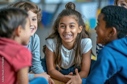 Diverse group of boys and girls using social skills at school