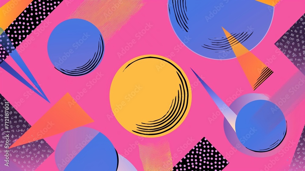 Vibrant 90s style vintage background illustration with funky geometric shapes, neon colors, and retro patterns reminiscent of old-school fashion and pop culture. - obrazy, fototapety, plakaty 
