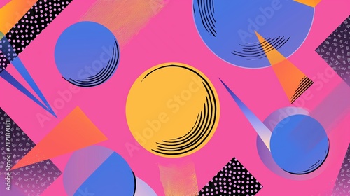 Vibrant 90s style vintage background illustration with funky geometric shapes, neon colors, and retro patterns reminiscent of old-school fashion and pop culture. photo