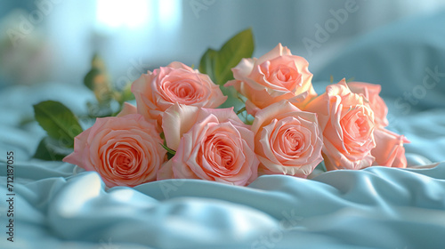 Valentine s Day. A beautiful bouquet of pink roses lies on a bedspread  romance