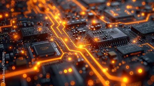 Futuristic Computer Chips connected with glowing dada highway network connections laying on a glossy black plane with circuit board. Generative AI. photo