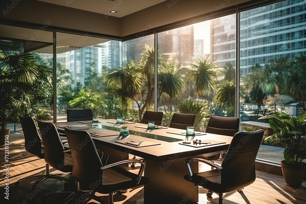 Fototapeta premium Modern office interior with large windows and tropical plants