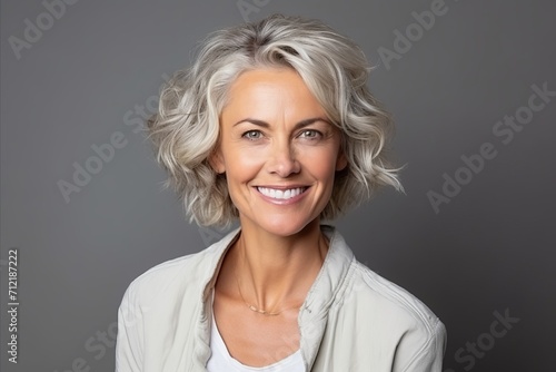 Portrait of a happy senior woman smiling at the camera over grey background.