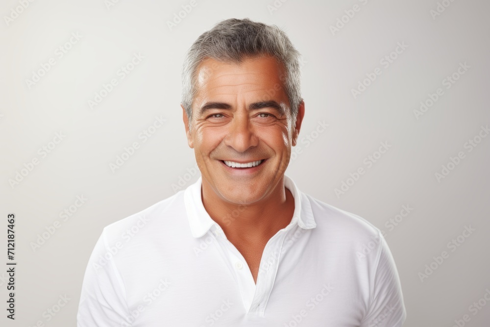 Handsome middle aged man looking at camera and smiling while standing against grey background. Handsome middle aged man looking at camera and smiling while standing against grey background.