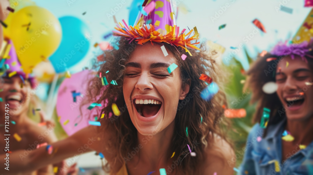 Obraz premium Laughing friends, party hats, and vibrant decorations for a lively birthday celebration
