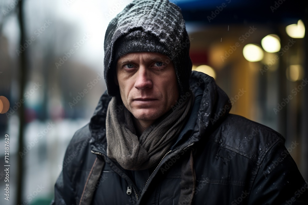 Portrait of a man in winter clothes on a city street