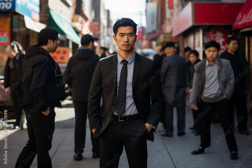 A young Asian man in a suit stands in a crowded street A young Asian man in a suit stands in a crowded street