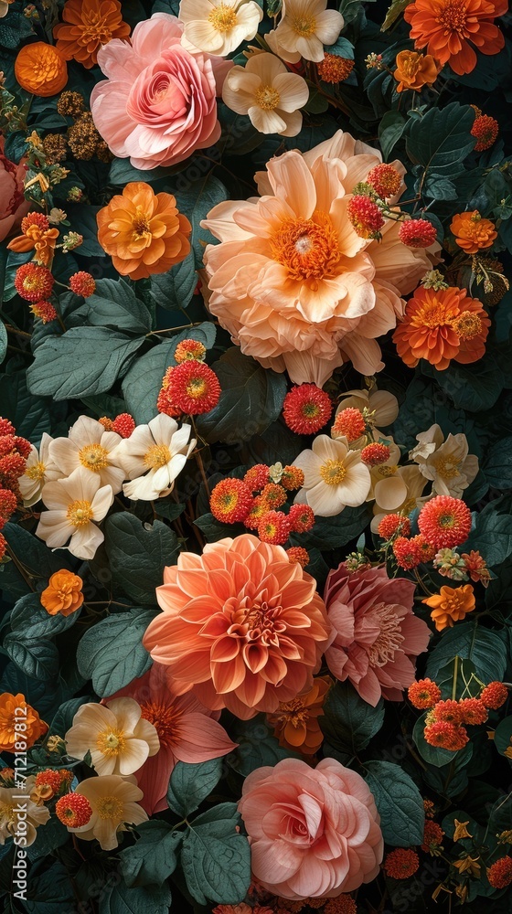 A lush and vibrant floral display, Set against a deep, dark background to create a striking contrast. Generative AI. A lush and vibrant floral display, Set against a deep, dark background to create a striking contrast. Generative AI.