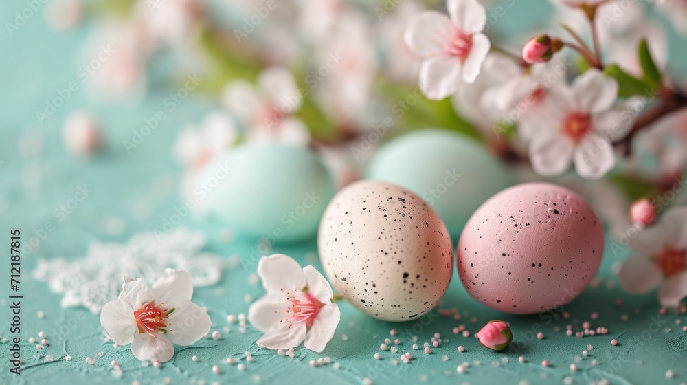 Pastel eggs, delicate lace, and dainty florals compose a refined spring background Pastel eggs, delicate lace, and dainty florals compose a refined spring background