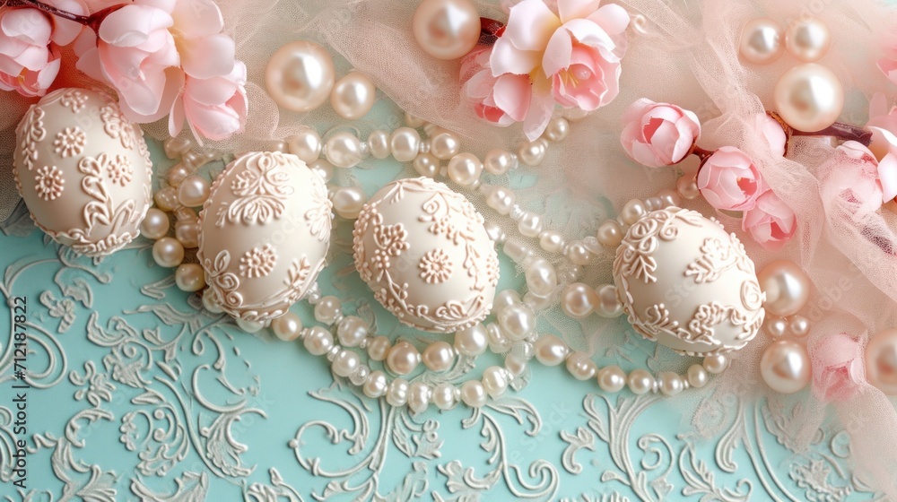 Delicate egg patterns, lace, and pearls create an Easter card sophistication Delicate egg patterns, lace, and pearls create an Easter card sophistication