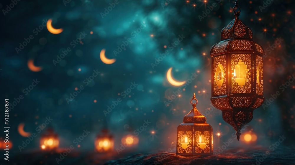 Ramadan ambiance with glowing lanterns, crescent moons, and starry brilliance with copy space Ramadan ambiance with glowing lanterns, crescent moons, and starry brilliance with copy space