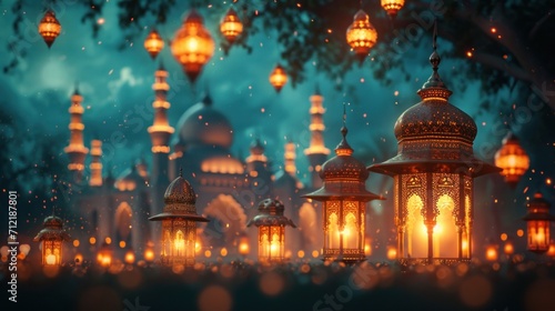 Glowing mosques, twinkling lights, embodying the spirituality and reverence of Ramadan with copy space