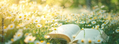 open book on a meadow with daisies photo