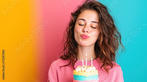 happy birthday litthe girl with birthday cake against vivid minimalist background