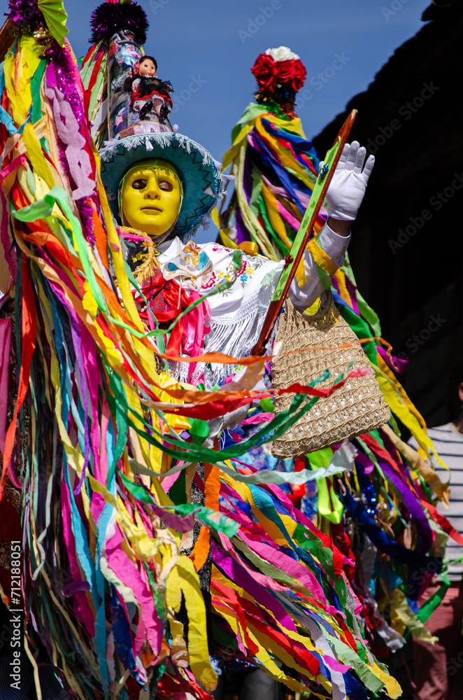 Folión and mazcaras de Buxan, traditional costume of the carnival of Buxan, Ourense. Galicia, Spain.