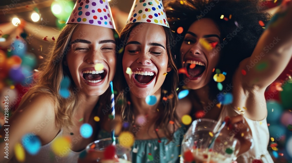 Laughing friends, party hats, and vibrant decorations for a lively birthday celebration Laughing friends, party hats, and vibrant decorations for a lively birthday celebration