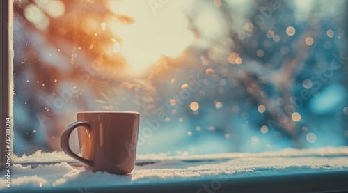 coffee cup sitting beside a window during the winter time photo