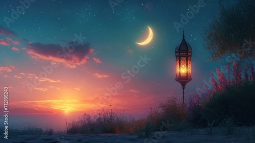 Nighttime Ramadan scene, crescent moon, and calmness in the air with copy space