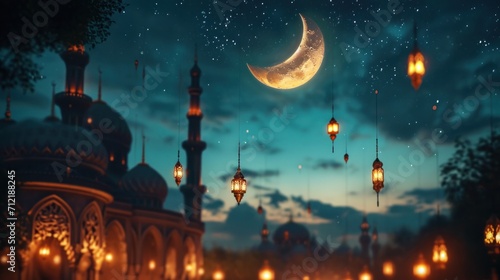 Nighttime Ramadan scene, crescent moon, and calmness in the air with copy space © olegganko