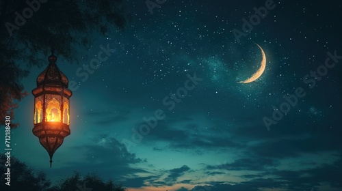 Nighttime Ramadan scene  crescent moon  and calmness in the air with copy space