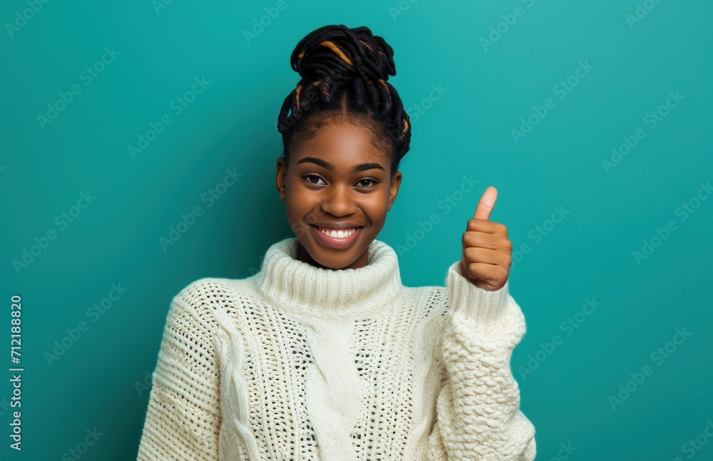 ctp afroamerican young woman in white sweater with thumbs up while pointing to right ctp afroamerican young woman in white sweater with thumbs up while pointing to right