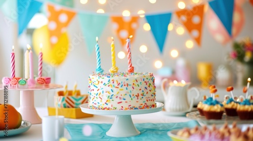 Decorative bunting  cake  and birthday wishes set a warm celebratory atmosphere