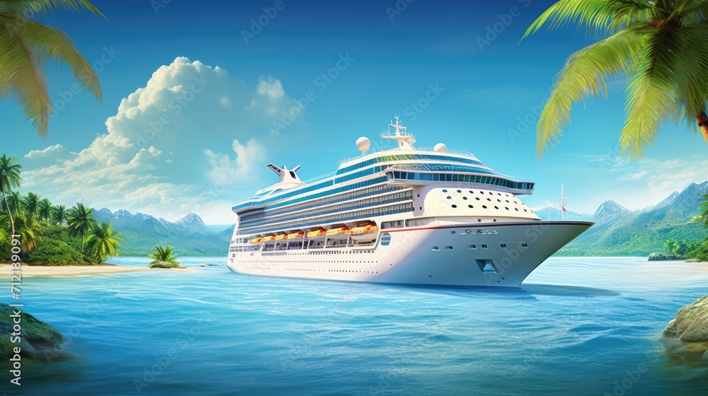 Luxurious cruise ship navigating towards a coral beach, framed by palm trees and azure waters - obrazy, fototapety, plakaty 