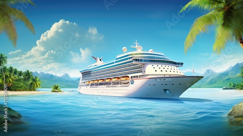 Luxurious cruise ship navigating towards a coral beach, framed by palm trees and azure waters © Postproduction