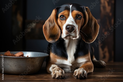 Well-groomed elegant beagle dog sits on floor next to cup of dry food. Advertising balanced nutrition for puppies, health, shiny coat Festive evening delicious treat for your pet birthday © Irina Mikhailichenko