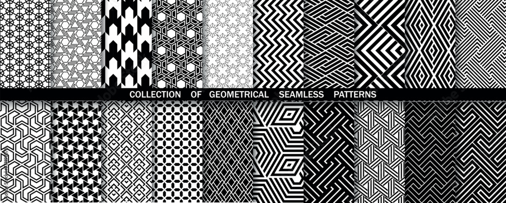 Geometric set of seamless black and white patterns. Simple vector graphics