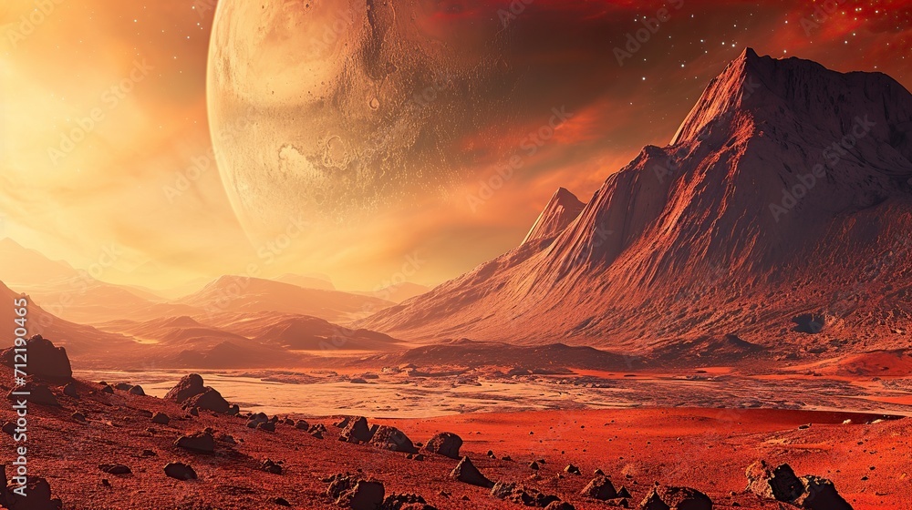 red landscape of mountains on the planet Mars