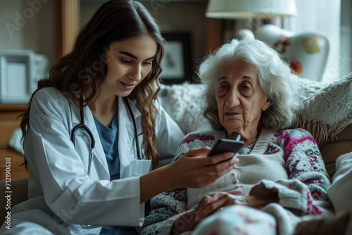 Old woman man patient and doctor have consultation in hospital room. Medicine healthcare medical checkup. Visit to doctor photo