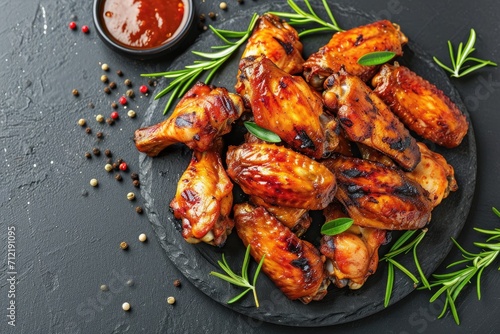 Grilled chicken wings on black plate with stone background