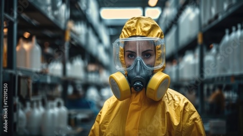 A person handling chemical waste in protective gear in radioactive factory. Generative AI.