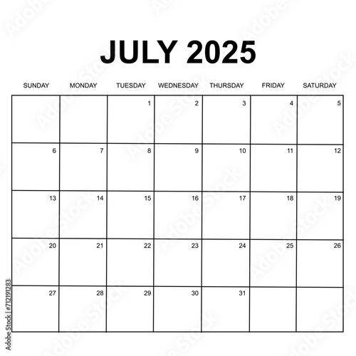 july 2025. Monthly calendar or planner design. week starts on Sunday. Printable, editable and clean design isolated on white background. 