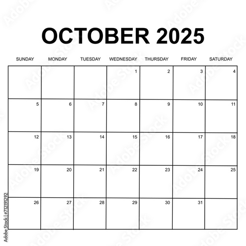 october 2025. Monthly calendar or planner design. week starts on Sunday. Printable, editable and clean design isolated on white background. 
