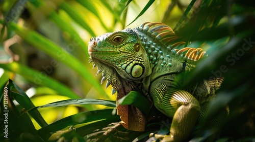 Iguana amidst lush foliage or vegetation, reptile in nature forest © Pixel Pine