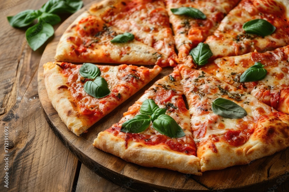 Delicious pizza with basil on a wooden surface Delicious pizza with basil on a wooden surface