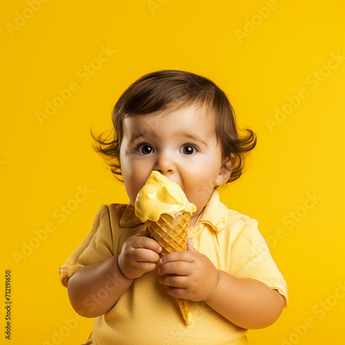 Child eating ice cream on yellow background.