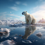 Melting of the polar ice and human pollution of the environment.A polar bear is sitting on a melting ice floe. Endangered animals. Pollution of the planet Earth