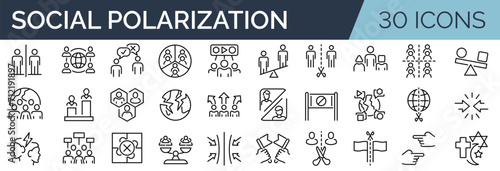 Set of 30 outline icons related to social polarization. Linear icon collection. Editable stroke. Vector illustration photo